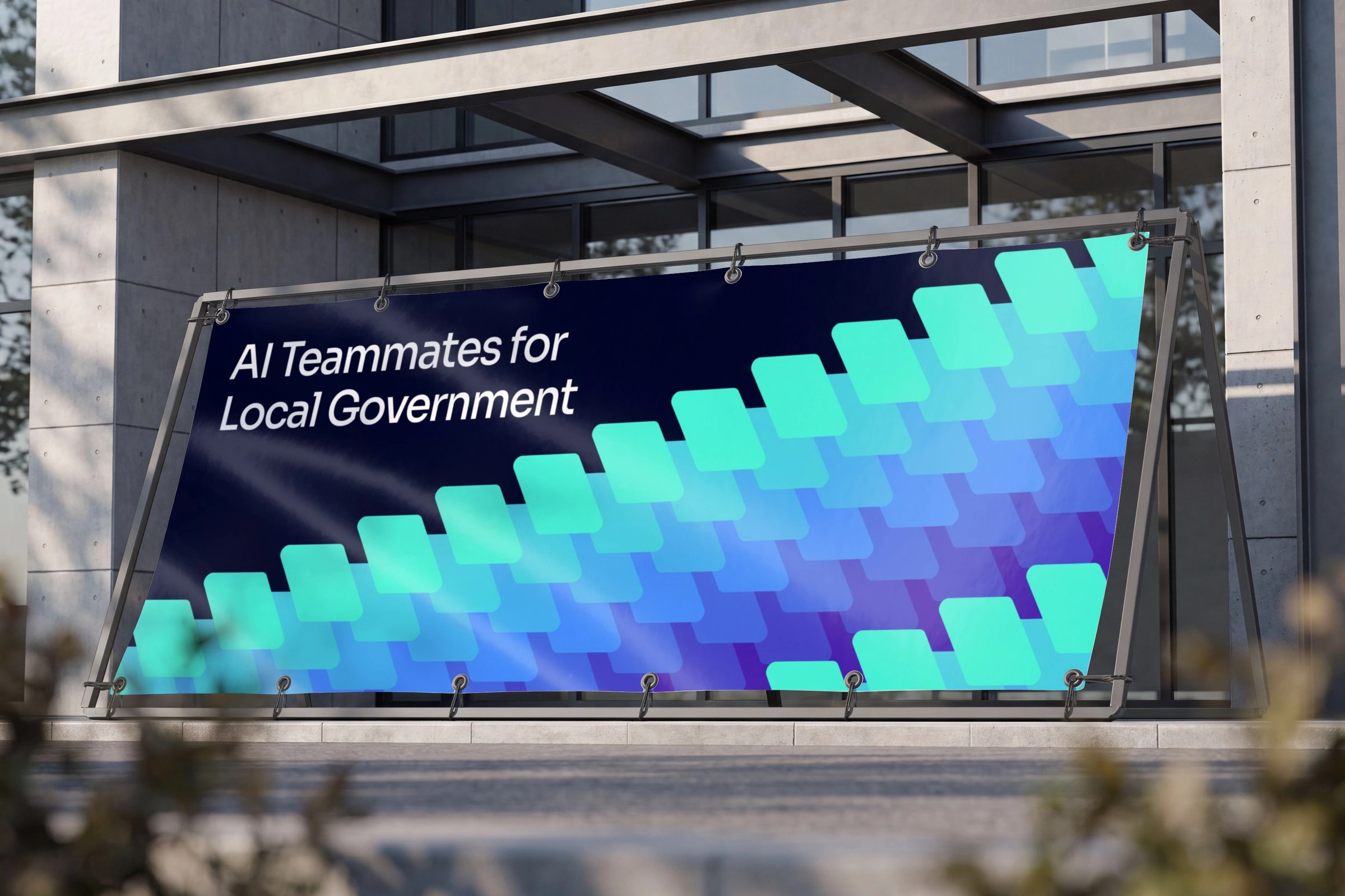 Outdoor banner at a civic building — the gradient doing the work at twenty feet