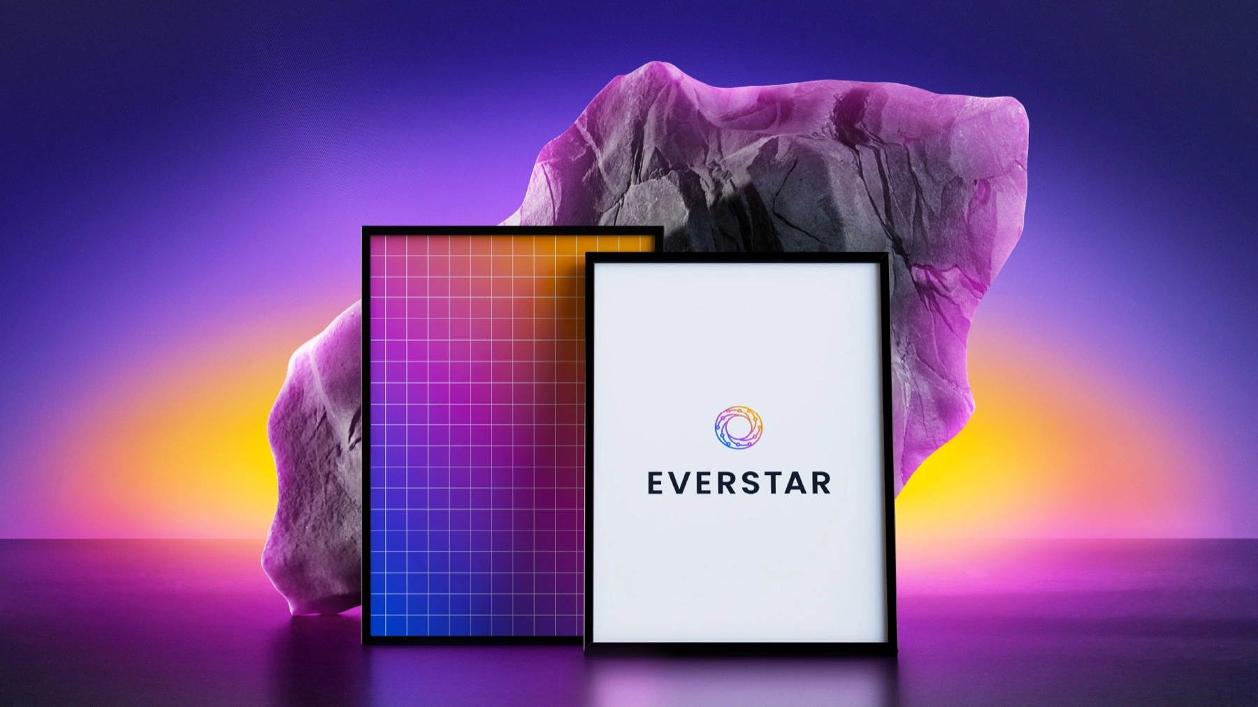 The wordmark and the gradient grid, framed against a backlit monolith