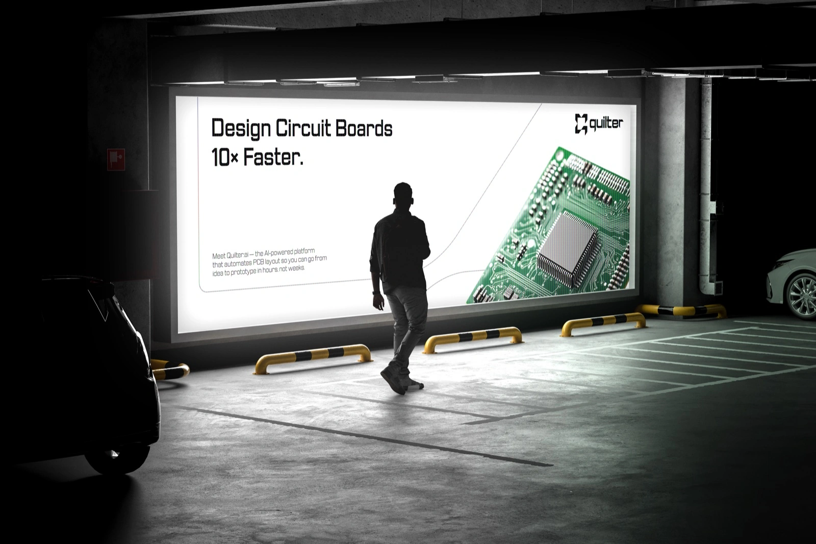 The large-format environmental screen — product photography carried by the system