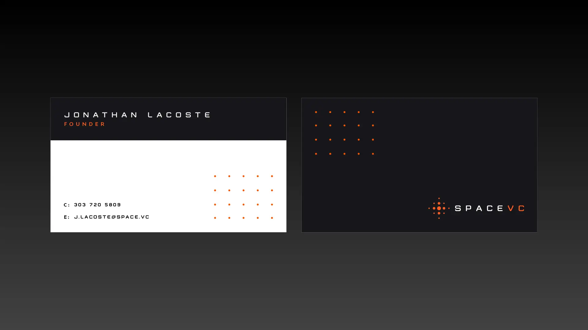 Business cards — dark stock, dot-grid pattern on the reverse