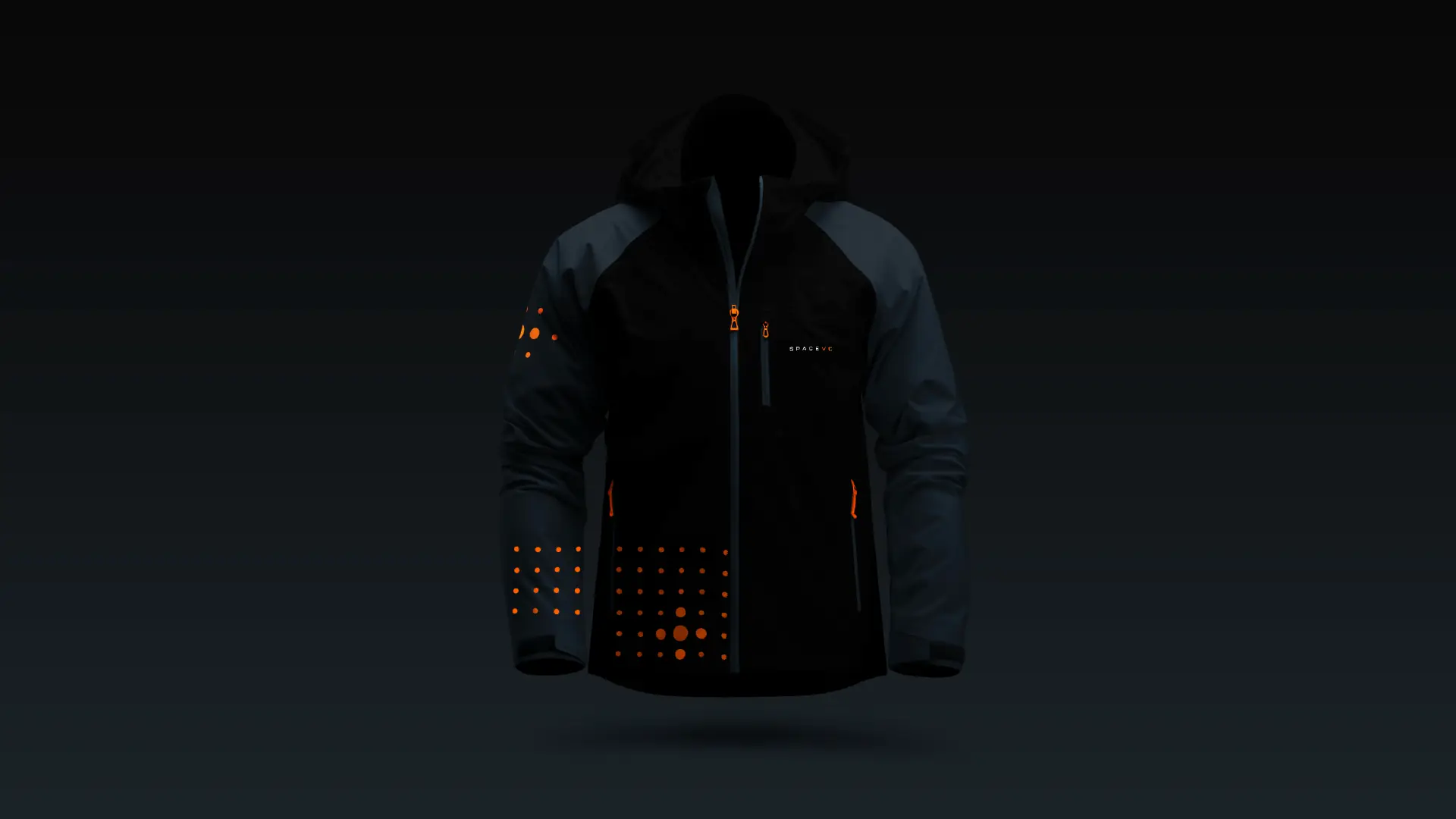 Technical outerwear — the dot-grid pattern extended into a wearable graphic