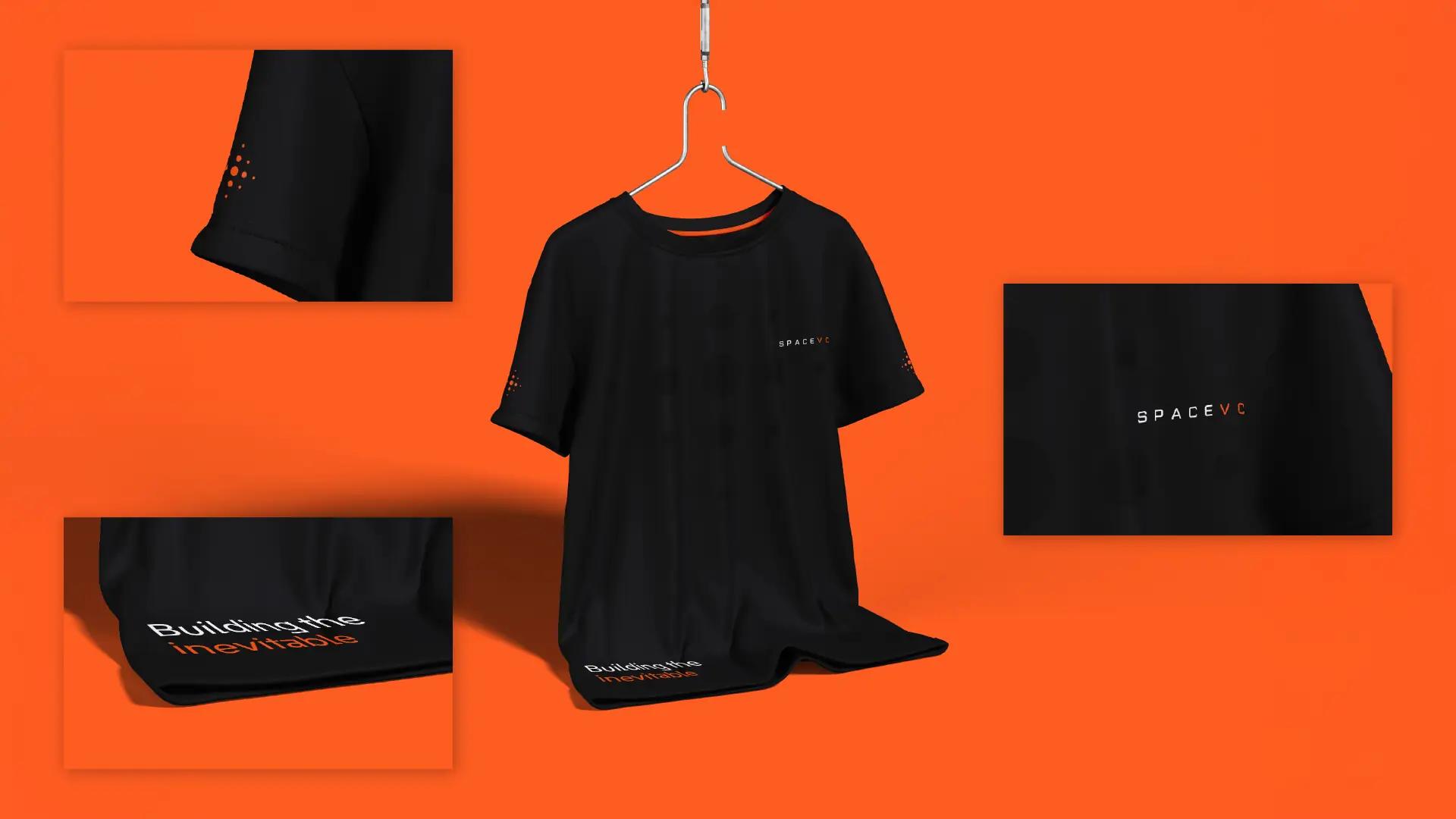 Apparel detail — sleeve mark, hem tag, and back-panel lockup