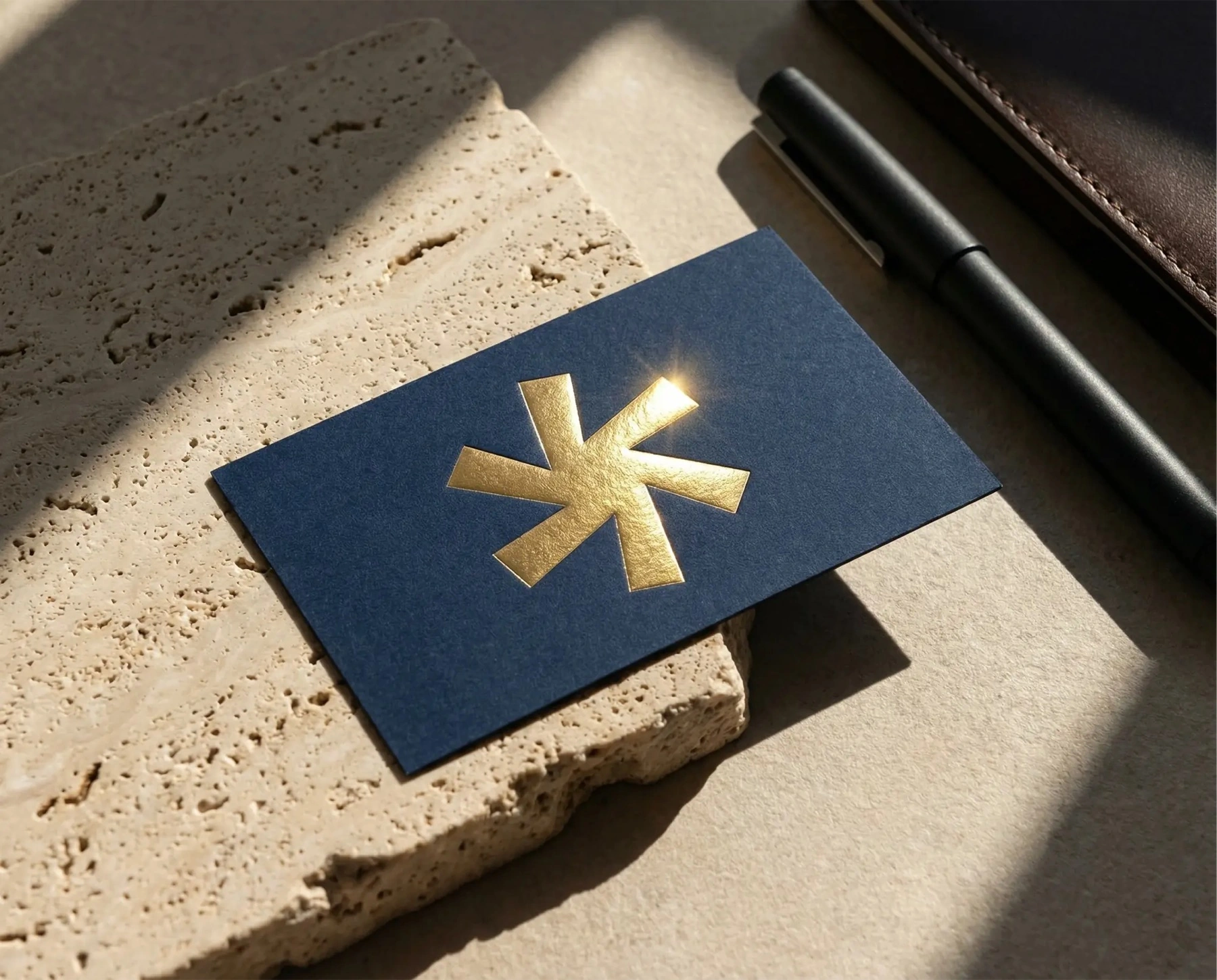 The card, struck in gold foil on stone