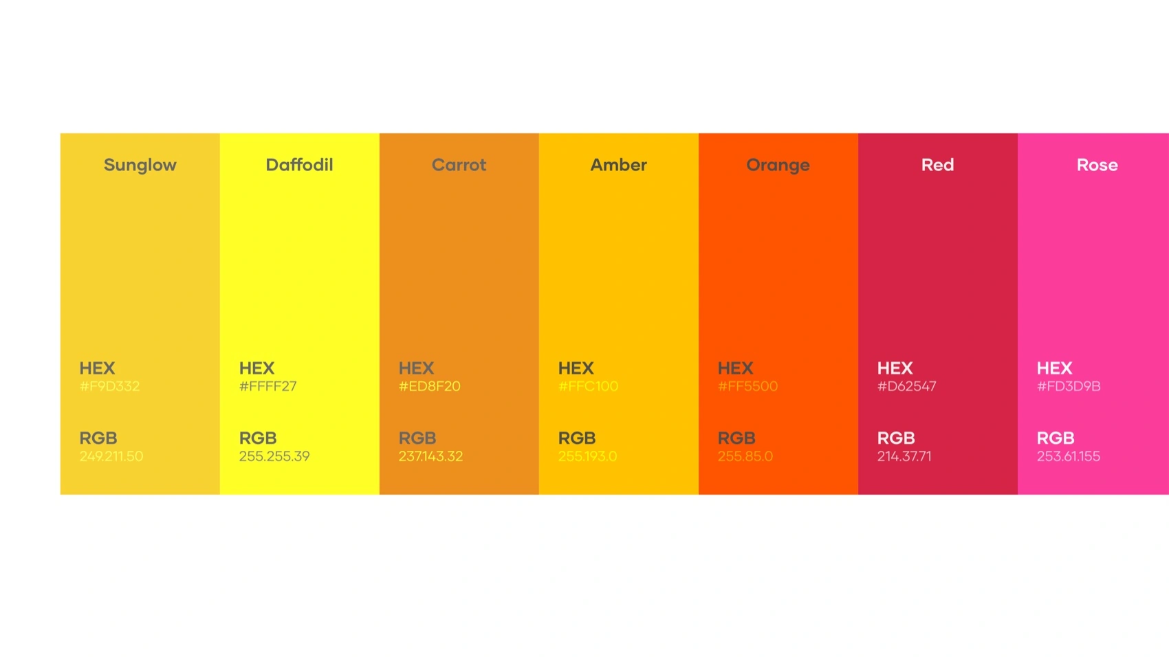 The full-spectrum palette — Sunglow through Rose, built to be seen from across a room